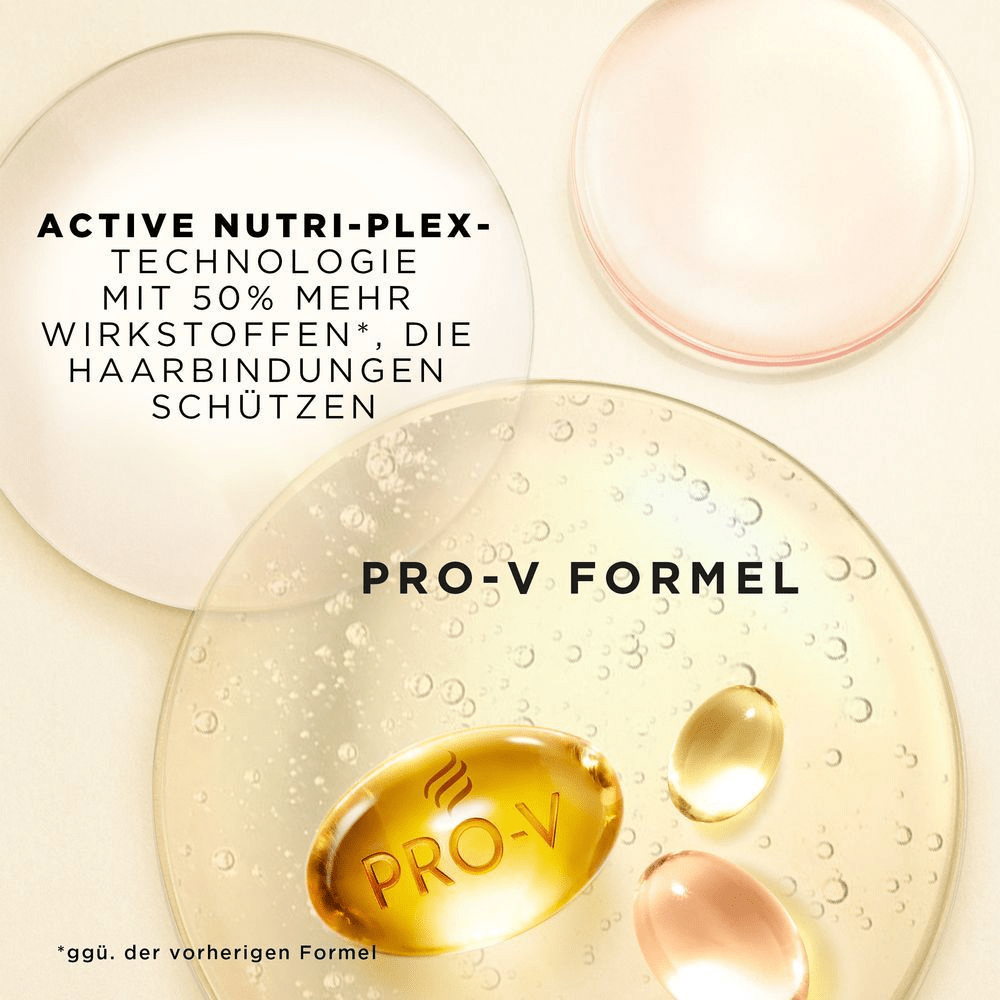 Pantene Pro-V Formel mit Active Nutri-Plex-Technologie und 50% mehr Wirkstoffen, die die Haarbondings schützen.