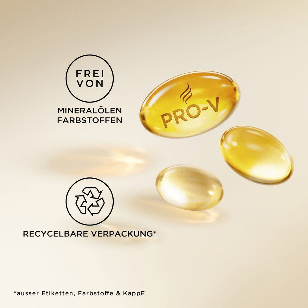 Pantene Pro-V Öl-Kapseln, die frei von Mineralölen und Farbstoffen sind, mit recycelbarer Verpackung.