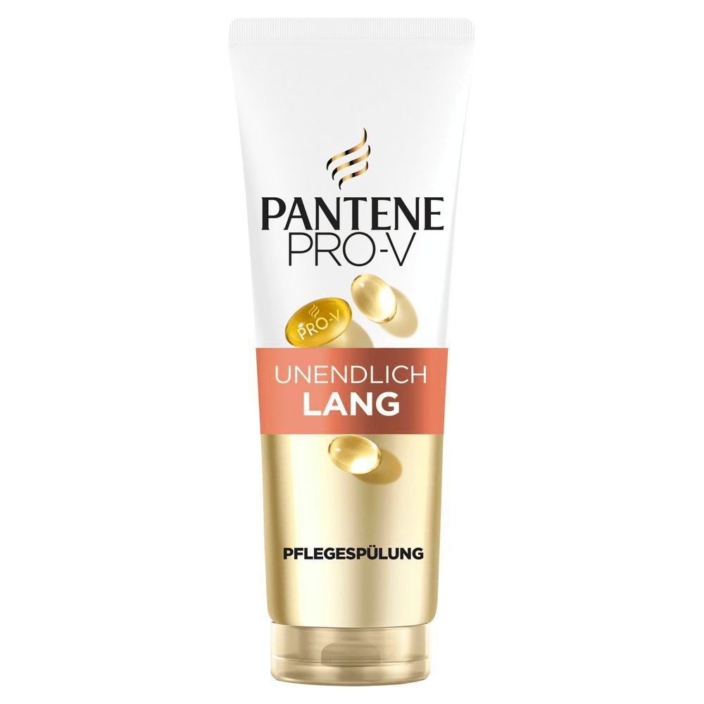 Pantene Pro-V Pflegespülung "Unendlich Lang" in der Verpackung, die die Pro-V Formel und das Versprechen von langem Haar hervorhebt.