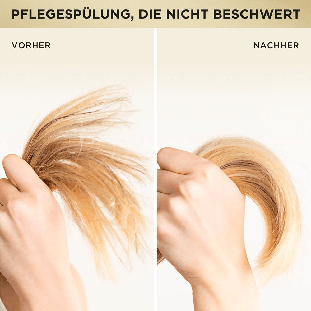 Pantene Pro-V Pflegespülung: Vorher-Nachher-Vergleich zeigt glattes, gebändigtes Haar nach der Anwendung, ohne zu beschweren.