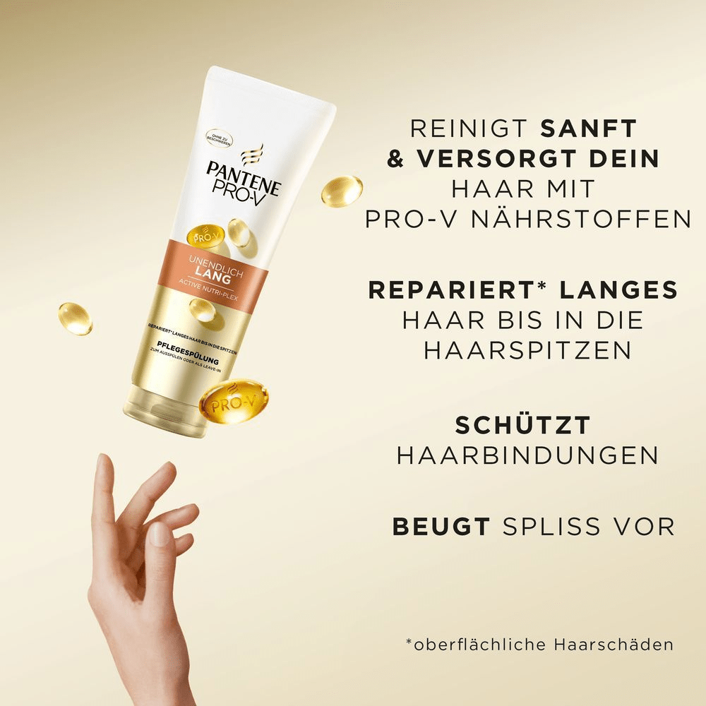 Pantene Pro-V Unendlich Lang Pflegespülung, die langes Haar bis in die Spitzen repariert und Spliss vorbeugt.