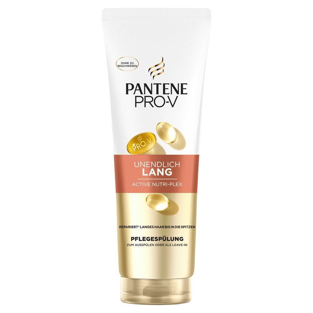 Pantene Pro-V Unendlich Lang Pflegespülung, mit dem Hinweis "Repariert langes Haar bis in die Spitzen".;