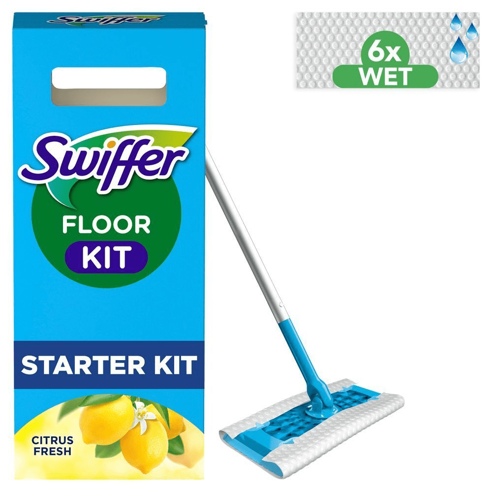 Swiffer Bodenwischer Starter Kit-Verpackung, mit 1x Bodenwischer, 6x feuchte Bodentücher. Citrus Fresh Duft. [DA] Swiffer Floor Kit starter kit med citrus frisk duft, inklusive moppe og 6 vådservietter. [SV] Swiffer Floor Kit Starter Kit, med Citrus Fresh doft, och fuktiga rengöringsdukar för upp till 6x rengöring. [IT] Swiffer Floor Kit Starter Kit, con scopa assemblata, profumo agrumato e 6 panni lavapavimenti. [FI] Swiffer Floor Kit starter kit -pakkaus, mukana moppi ja 6x Wet -kostea moppipyyhe. [NO] Swiffer Floor Kit startpakke med sitrusfrisk duft, sammen med pakke med 6 våte moppekluter. [PT] Swiffer Floor Kit Starter Kit embalagem com 6x panos húmidos. Aroma a Citrus Fresh.