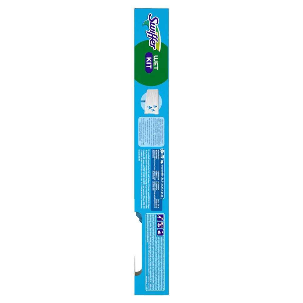 Swiffer Bodenwischer Starter Kit-Verpackung, mit Anwendungshinweisen und Kontaktdaten. [EN] Swiffer Kit Citrus Fresh Sweeper SK (Carton) Front-Back-Left-Right-Top-Bottom-Front Left [DA] Swiffer Wet Kit emballage, der viser produktnavnet og fremhæver 1000 smudsløftende fibre. [SV] Swiffer Wet Kit förpackning som lyfter fram de 1000 smutslösande fibrerna. [FI] Swiffer Wet Kit -pakkaus korostaa uusia, yli 1000 likaa nostavia kuituja tehokkaampaan puhdistukseen. [NO] Swiffer Wet Kit emballasje, som fremhever mer enn 1000 smussløftende fibre for rengjøring.
