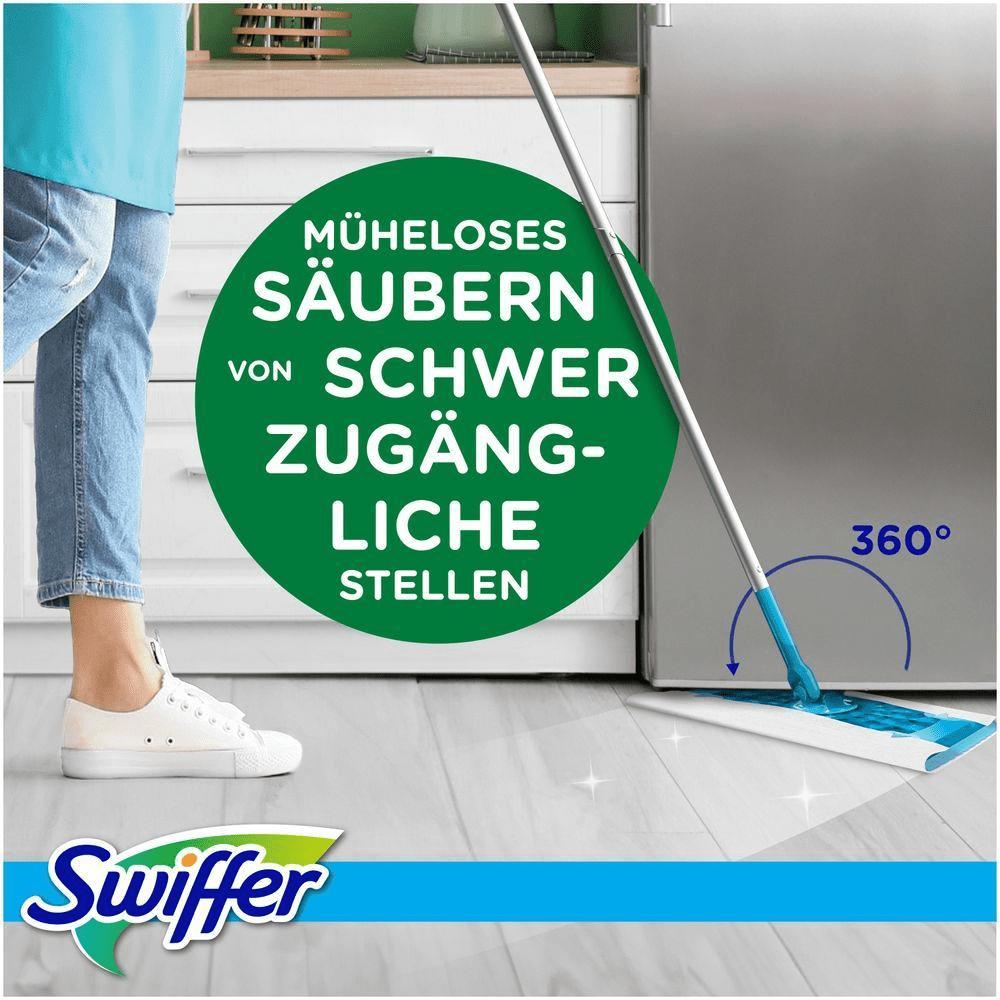 Swiffer feuchte Bodentücher reinigen mühelos an schwer erreichbaren Stellen dank des 360° schwenkbaren Kopf.