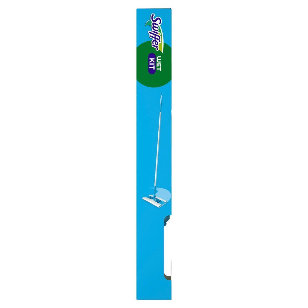 Swiffer Bodenwischer Starter Kit-Verpackung. [EN] Swiffer Kit Citrus Fresh Sweeper SK (Carton) Front-Back-Left-Right-Top-Bottom-Front Left [DA] Swiffer WET KIT emballage, der tydeligt viser den inkluderede gulvmoppe. [SV] Swiffer Wet Kit förpackning med en synlig bild av moppen. [FI] Swiffer Wet Kit -pakkaus, jossa esitellään laitteen moppia. [NO] Swiffer Wet Kit produktemballasje som tydelig viser moppen for våtrengjøring.