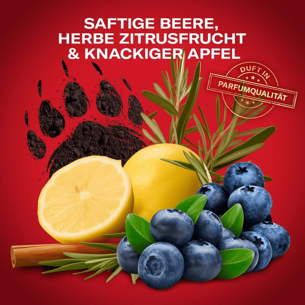 Old Spice Duftkomposition mit saftigen Beeren, herber Zitrusfrucht, knackigem Apfel und einem Bärenabdruck, die Duft in Parfumqualität verspricht.