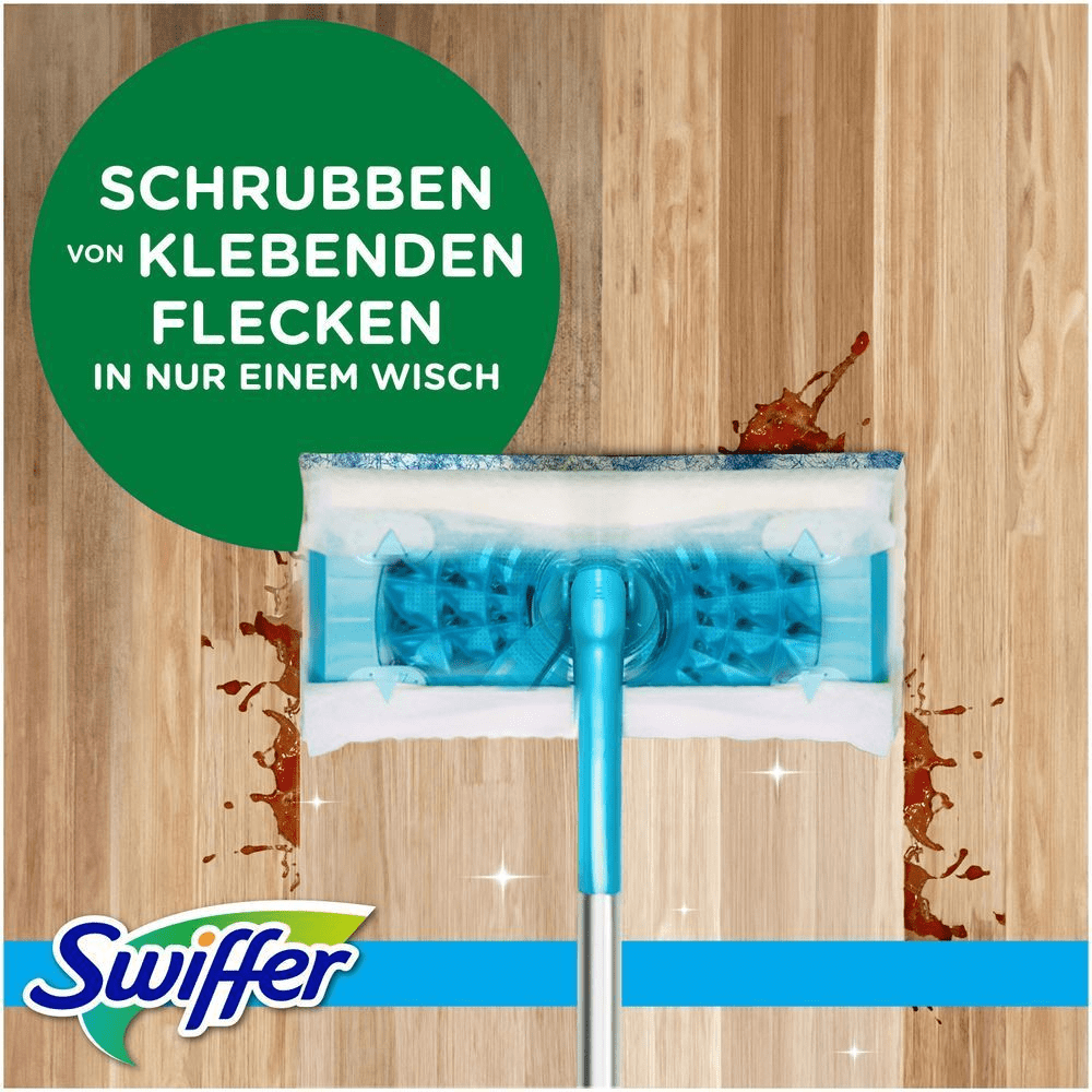 Swiffer wischt hartnÃ¤ckige Flecken auf Holzboden mit nur einem Wisch weg.