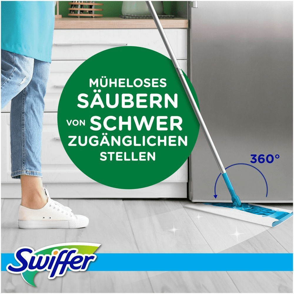 Swiffer Wischtuchsystem reinigt schwer zugÃ¤ngliche Stellen dank des 360Â°-Drehgelenks und hinterlÃ¤sst einen sauberen, glÃ¤nzenden Boden.
