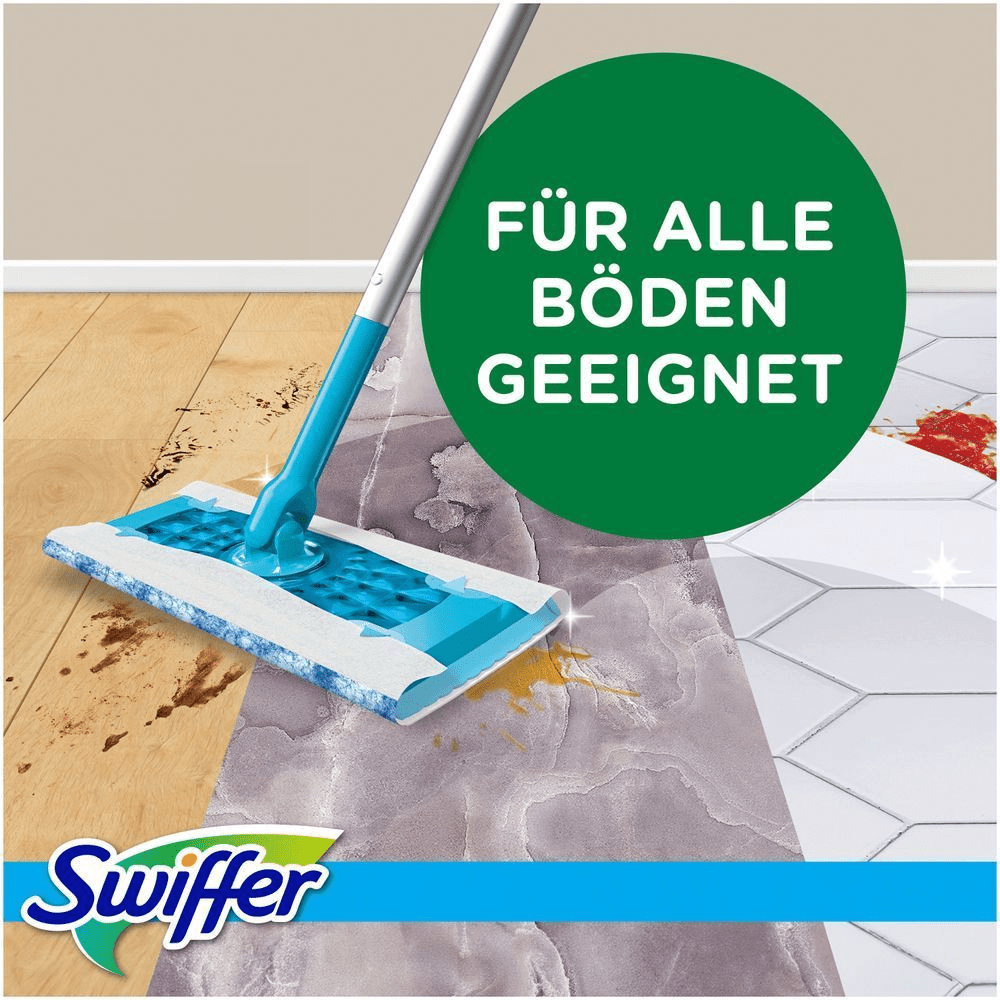 Swiffer Wischtuchsystem im Einsatz, geeignet fÃ¼r alle BÃ¶den, inklusive Holz, Fliesen und Laminat.