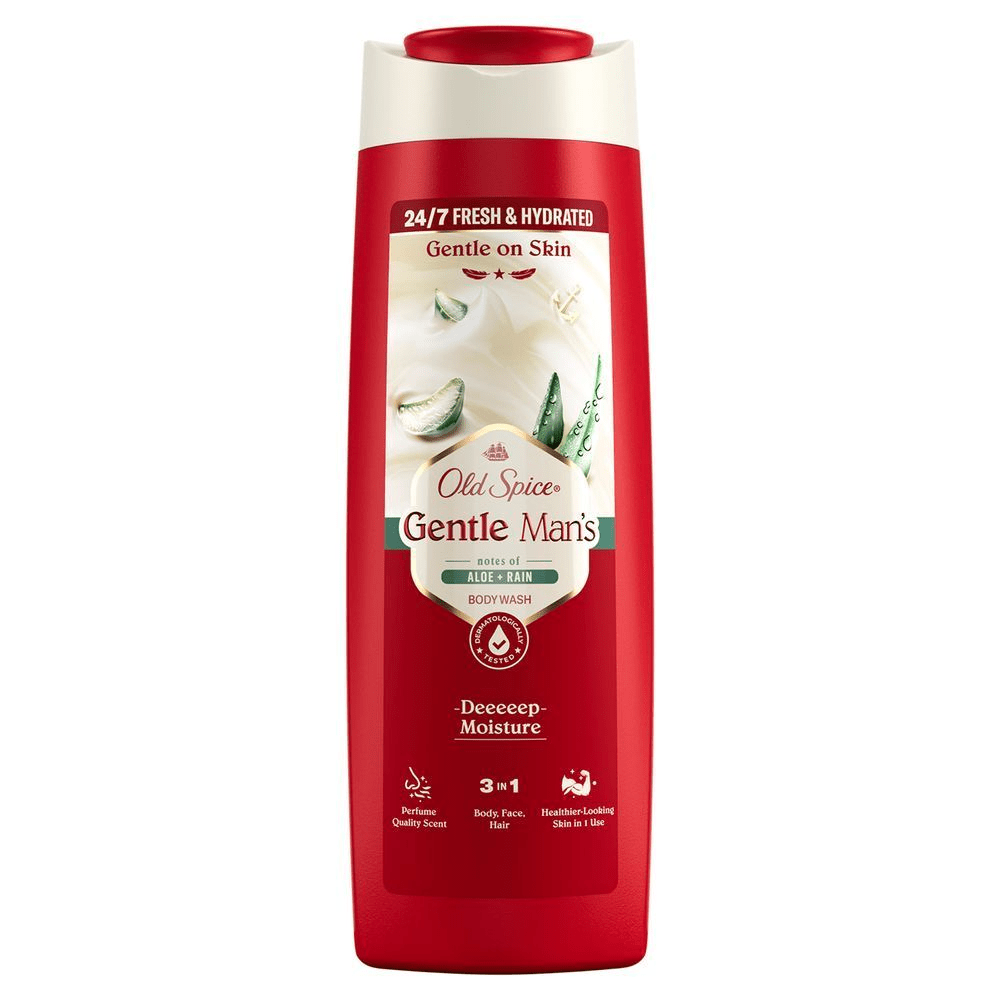 Old Spice Gentle Man’s Body Wash, mit Aloe und Regen Noten, angepriesen für 24-7 Frische und Feuchtigkeit.