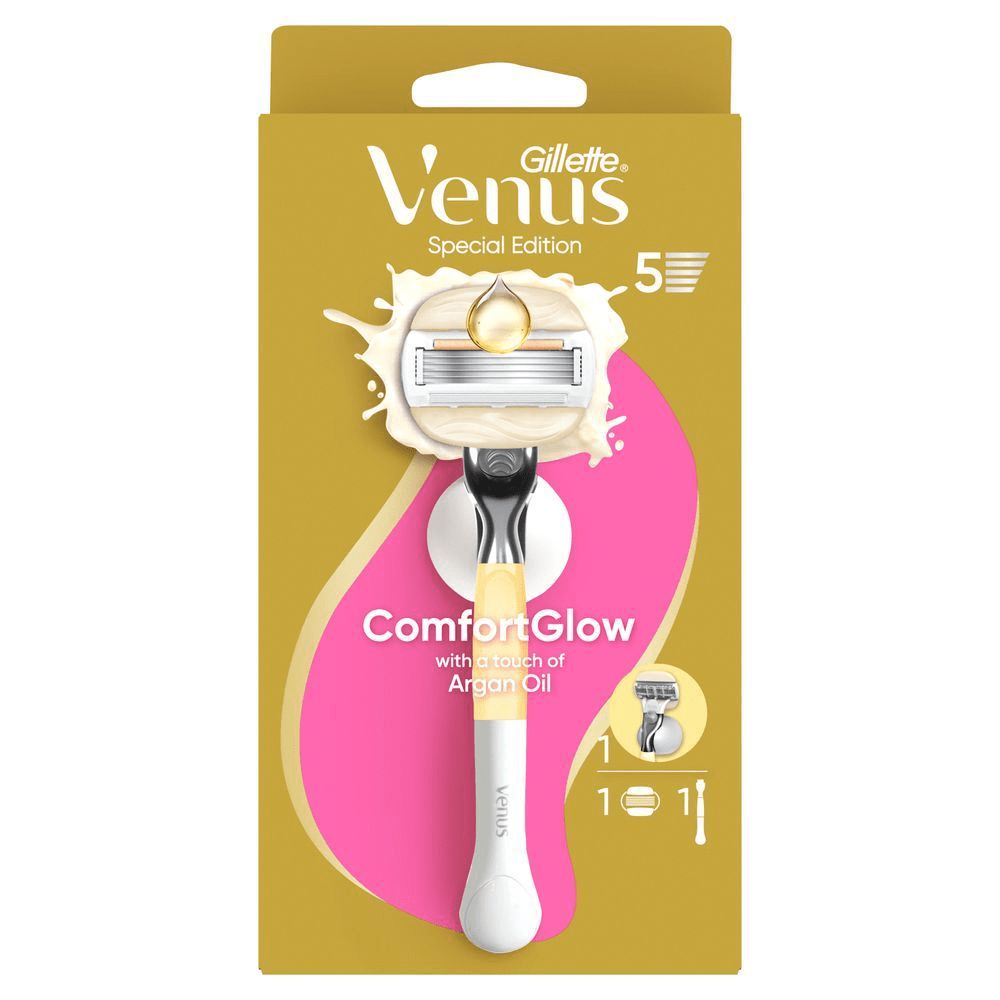 Venus ComfortGlide Special Edition Rasierer mit Arganöl, der die Haut pflegt und für ein angenehmes Hautgefühl sorgt. [IT] Gillette Venus ComfortGlide Special Edition con 5 lame, con un tocco di olio di Argan, mostrato nella confezione. [ES] Venus ComfortGlide Special Edition en su caja mostrando un cabezal de 5 hojas y un toque de aceite de argán.