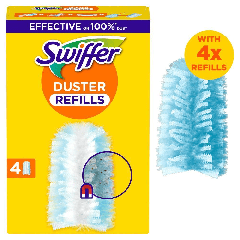 Swiffer Staubmagnet Nachfüllpackung mit 4x Nachfülltüchern. Mit dem Hinweis effektiv bei 100% Staub. [DA] Swiffer Duster Refills, med emballage der fremhæver effektivitet på støv og inkluderer refills. [SV] Swiffer Duster Refills visas med förpackningen som framhäver effektivitet på dammet. [IT] Swiffer Duster Refills, efficace al 100% sulla polvere, con evidenziato un ingrandimento che mostra lo sporco catturato. [FI] Swiffer Duster Refills -pakkaus, jossa korostetaan tehokkuutta pölyä vastaan ja mukana tulevia täyttöpakkauksia. [NO] Swiffer Duster Refills-pakke, som fremhever at den er effektiv på støvet.