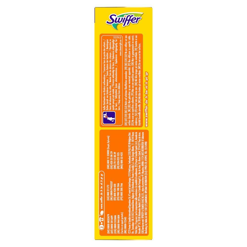Swiffer Produktverpackung mit mehrsprachigen Sicherheitshinweisen und Anwendungsinformationen. [DA] Swiffer emballage, der fremhæver advarslen om at opbevare produktet utilgængeligt for børn, som vist med piktogram. [SV] Swiffer-förpackning som visar varningar om att hålla produkten utom räckhåll för barn och inte använda den på varma ytor. [FI] Swiffer-tuotepakkaus, jossa varoitus pitää tuote lasten ulottumattomissa useilla kielillä. [NO] Swiffer-emballasje med advarselen Må ikke brukes på varme overflater fremhevet.