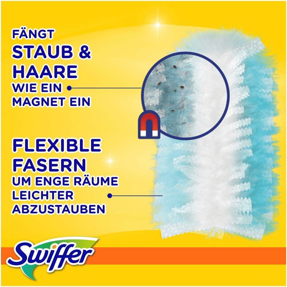Swiffer Staubmagnet fängt Staub und Haare wie ein Magnet ein, dank flexibler Fasern auch in engen Räumen.
