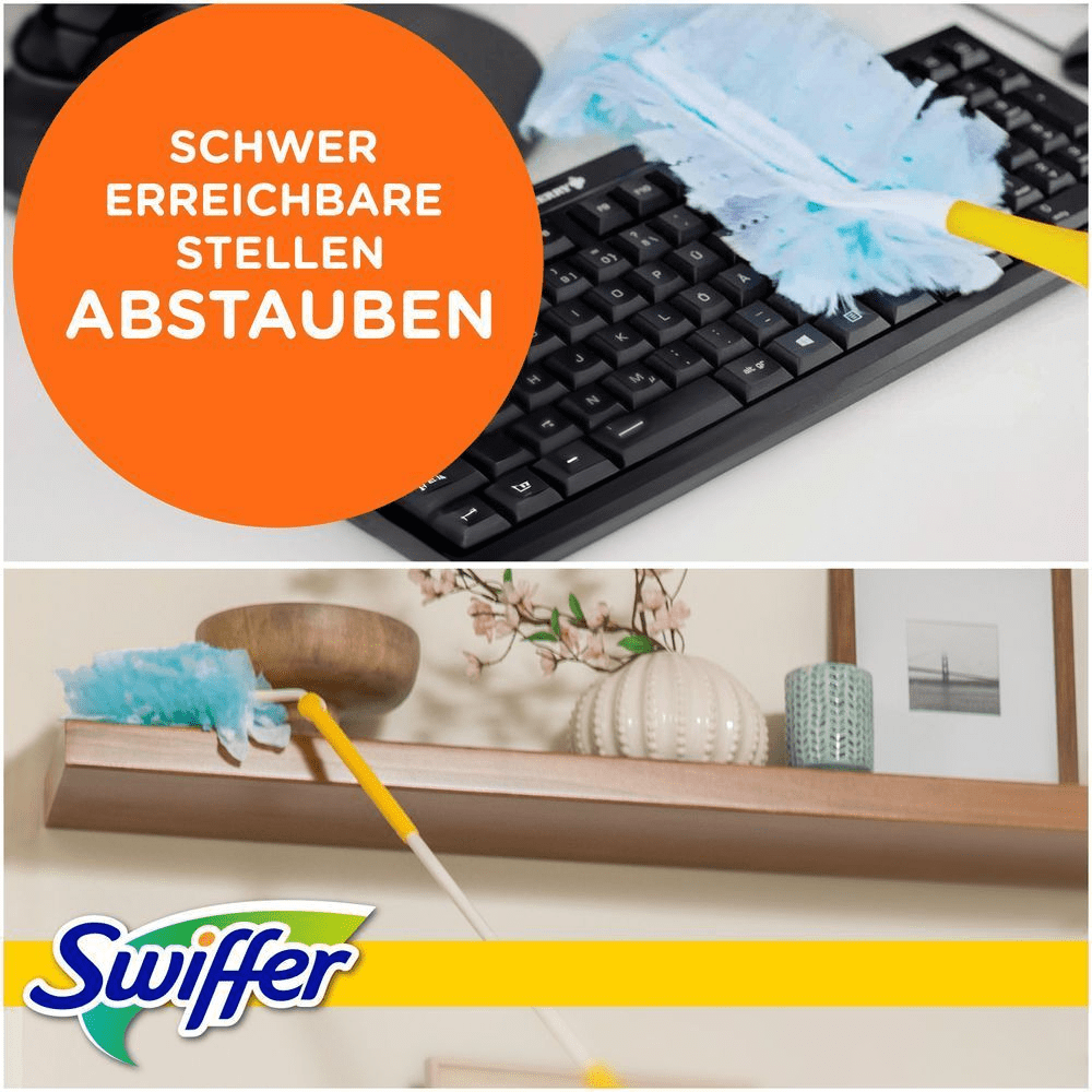 Swiffer Staubmagnet entfernt Staub von einer Tastatur und einem Regal.