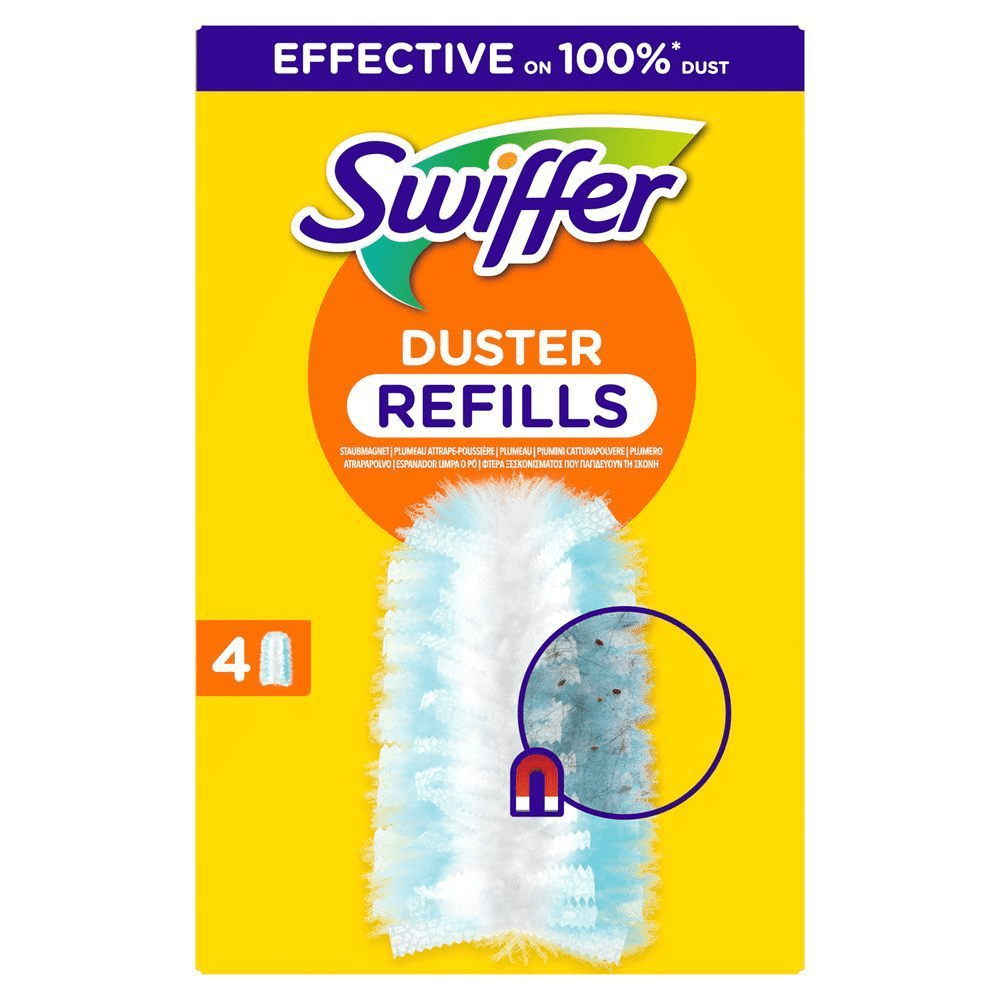 Swiffer Staubmagnet Nachfüllpackung mit 4x Nachfülltüchern. Mit dem Hinweis effektiv bei 100% Staub. [DA] Swiffer Duster Refills pakke, der fremhæver at den er effektiv på støv. [SV] Swiffer Duster refills-förpackning, som visar dammvippan och en förstoring av damm som fastnat. [IT] Swiffer Duster Refills, efficace sulla polvere, come evidenziato sulla confezione. [FI] Swiffer Duster -täyttöpakkauksen pakkaus, jossa korostetaan sen tehokkuutta pölystä. [NO] Swiffer Duster Refills-pakke, som fremhever at den er effektiv på støvet.