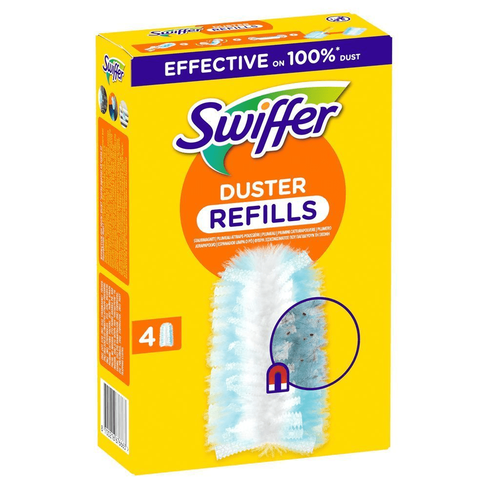 Swiffer Staubmagnet Nachfüllpackung mit 4x Nachfülltüchern. Mit dem Hinweis effektiv bei 100% Staub. [DA] Swiffer Duster Refills pakke, der fremhæver at den er effektiv på støv. [SV] Swiffer Duster Refills förpackning, som framhäver att den är effektiv på dammet. [IT] Swiffer Duster Refills nella confezione gialla, che evidenzia l’efficacia contro la polvere. [FI] Swiffer Duster -täyttöpakkaus, jossa korostetaan, että se on tehokas pölyä vastaan. [NO] Swiffer Duster Refills-pakke, fremhever at den er effektiv på støv.