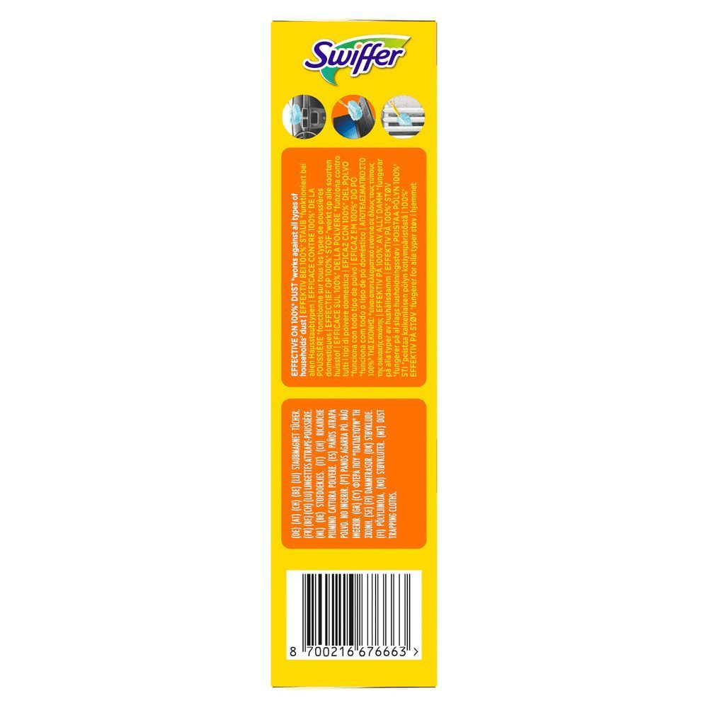 Swiffer Staubmagnet Verpackung mit Anwendungshinweisen und Kontaktdaten. [DA] Swiffer støvklude, der er effektive på støvet og fungerer på alle typer husholdningsstøv. [SV] Swiffer dammtrasor-förpackning, framhäver påståendet Effektiv på allt damm och fungerar på alla typer av hushållsdamm. [IT] Swiffer Piumino Cattura Polvere, ricariche efficaci sulla polvere, funziona contro tutti i tipi di polvere domestica. [FI] Swiffer-pölyliinat, joiden pakkauksessa korostetaan, että ne poistavat pölyn kaikentyyppisistä kodin pinnoista. [NO] Swiffer støvkluter-pakke, fremhever at den er effektiv på støvet i hjemmet.