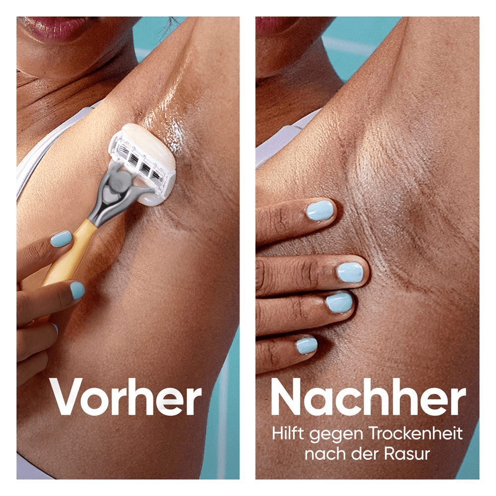 Vorher- und Nachher-Bilder der rasierten Achsel. Hilft gegen Trockenheit nach der Rasur