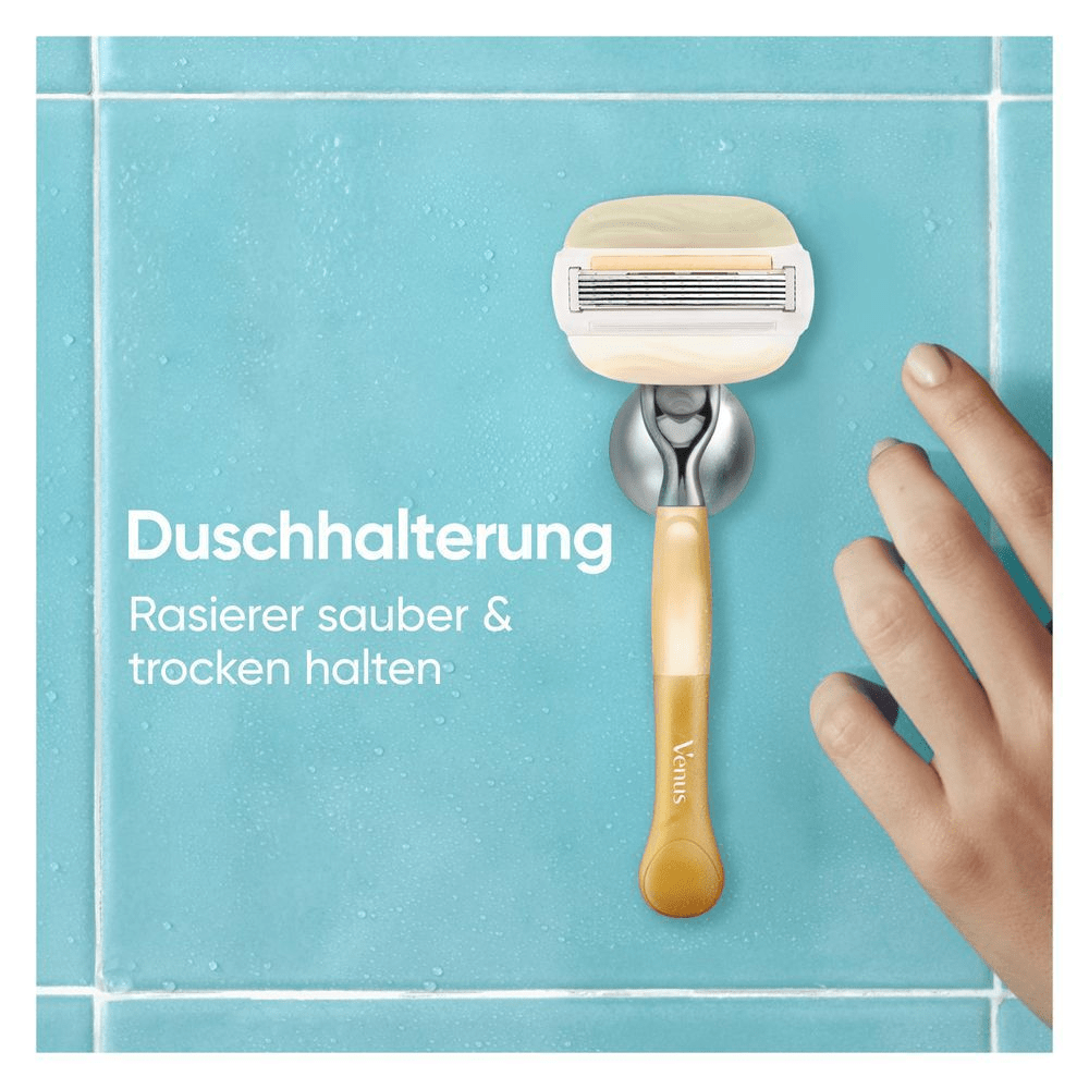 Eine neue Duschhalterung sorgt dafür, dass der Rasierer zwischen den Rasuren sauber und trocken bleibt
