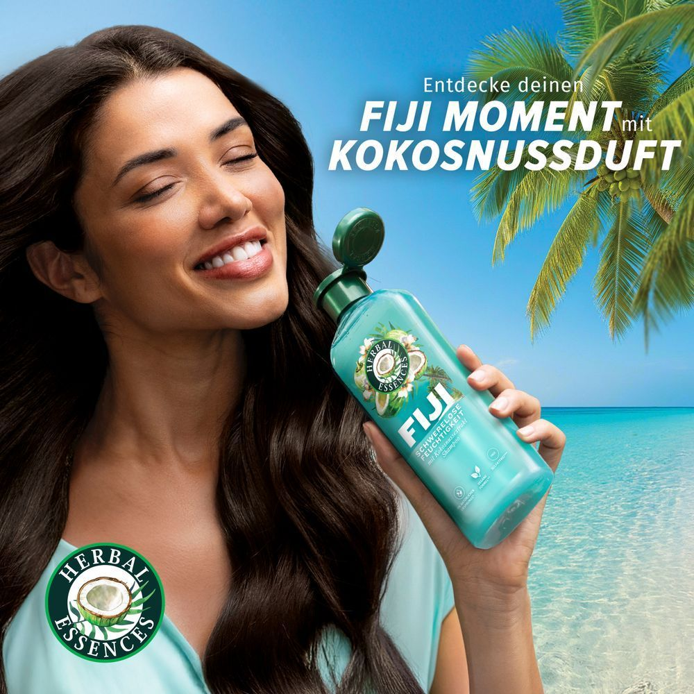 Herbal Essences Fiji Shampoo Flasche, schwerelose Feuchtigkeit & Kokosnussextrakt.