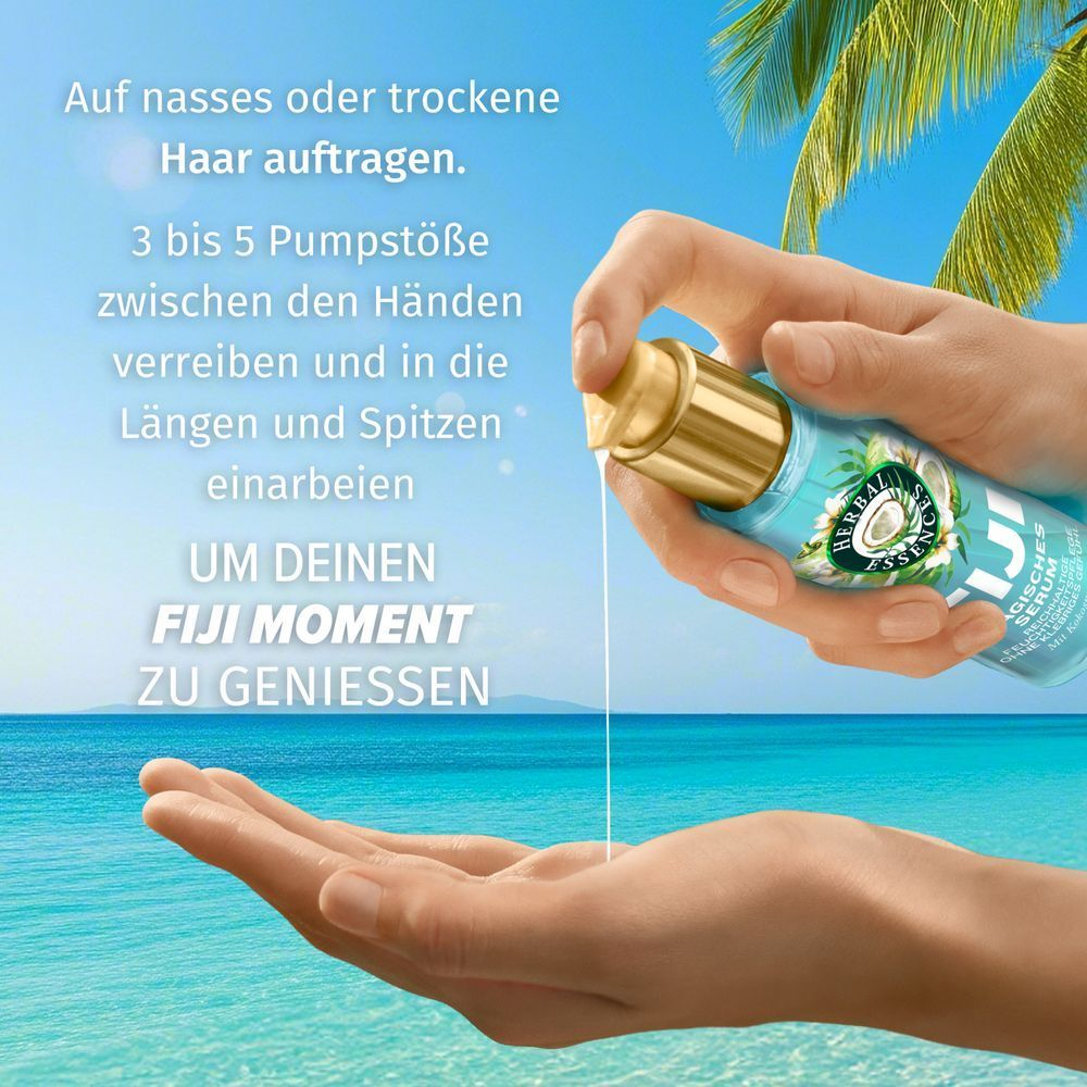 Herbal Essences Magisches Serum, in die Hand gepumpt für den Fiji Moment.