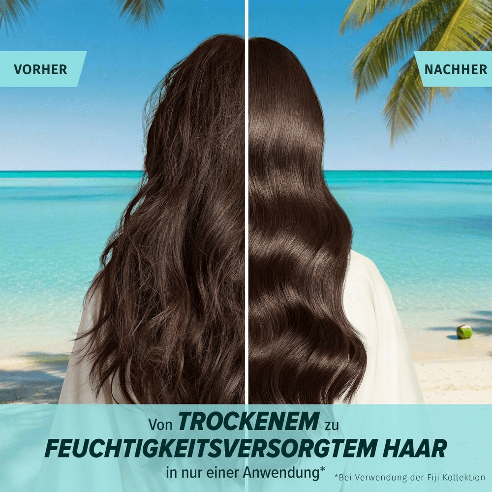 Haarverwandlung von trocken zu feuchtigkeitsversorgt in nur einer Anwendung.