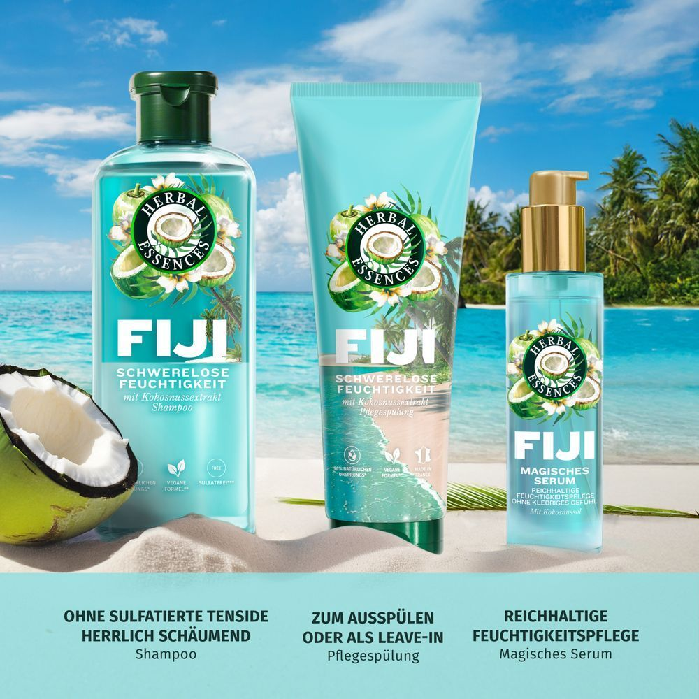 Herbal Essences Fiji Schwerelose Feuchtigkeit Pflegeserie mit Kokosnussextrakt.