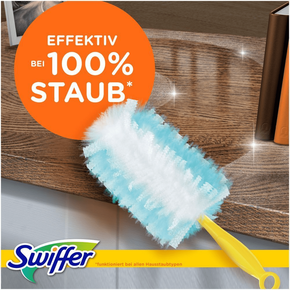 Swiffer Staubmagnet entfernt effektiv 100% des Staubs von Oberflächen, wie hier auf einem Holztablett dargestellt.