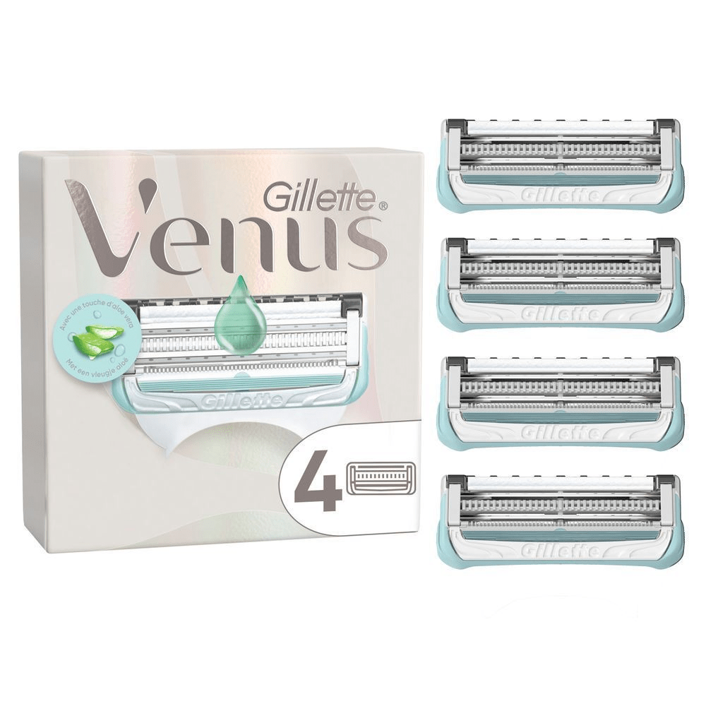Venus Satin Care Rasierklingen, 4er-Pack, mit Aloe Vera für eine sanfte Rasur. [SV] Venus Satin Care rakblad, 4-pack, med aloe vera för en len känsla. [IT] Gillette Venus, confezione da 4 ricariche, con formula arricchita con un tocco di aloe vera per una rasatura delicata.;