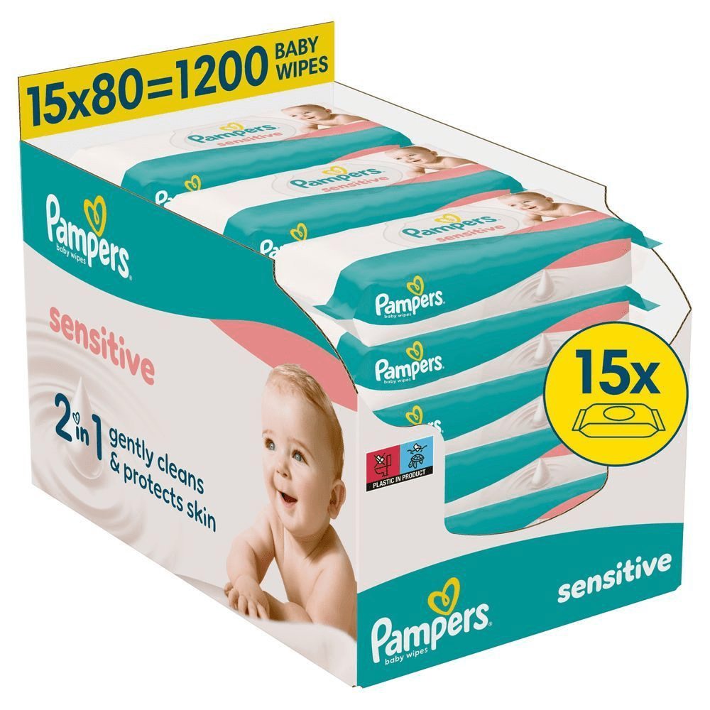 Pampers Sensitive FeuchttÃ¼cher, 15x80 = 1200 StÃ¼ck, 2-in-1 sanfte Reinigung & Hautschutz. [EN] Pampers Sensitive baby wipes in a multi-pack case, showcasing 15 packs for a total of 1200 wipes with 2-in-1 cleansing. [RO] Pampers Sensitive baby wipes, prezentÃ¢nd pachetul cu 15 bucÄÈi Èi eticheta 2 Ã®n 1: curÄÈÄ Èi protejeazÄ delicat pielea. [HR] Pampers Sensitive vlaÅ¾ne maramice, 15 pakiranja, ukupno 1200 komada, koje njeÅ¾no Äiste i Å¡tite koÅ¾u. [CS] Pampers Sensitive vlhÄenÃ© ubrousky v balenÃ­ 15x s celkovÃ½m poÄtem 1200 kusÅ¯, Å¡etrnÄ ÄistÃ­ a chrÃ¡nÃ­ pokoÅ¾ku. [HU] Pampers Sensitive baba tÃ¶rlÅkendÅk, 15x80=1200 darabos csomag. [SK] Balenie obrÃºskov Pampers Sensitive, 15 balenÃ­, s informÃ¡ciou 2 v 1, jemne ÄistÃ­ a chrÃ¡ni pokoÅ¾ku. [SL] Pampers Sensitive otroÅ¡ki robÄki, pakiranje s 15 paketi robÄkov, ki neÅ¾no Äistijo in Å¡Äitijo koÅ¾o.