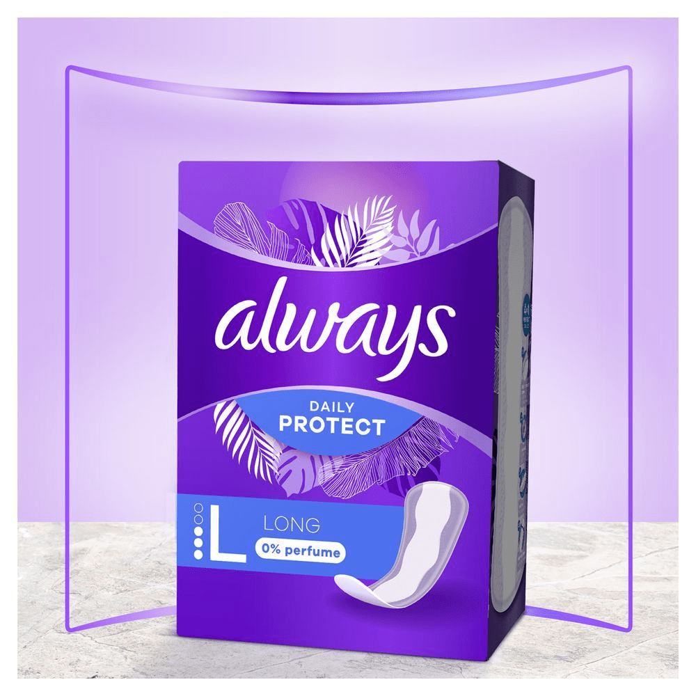 Always Daily Protect Long Slipeinlagen, 0% Parfüm, für täglichen Schutz und Komfort.