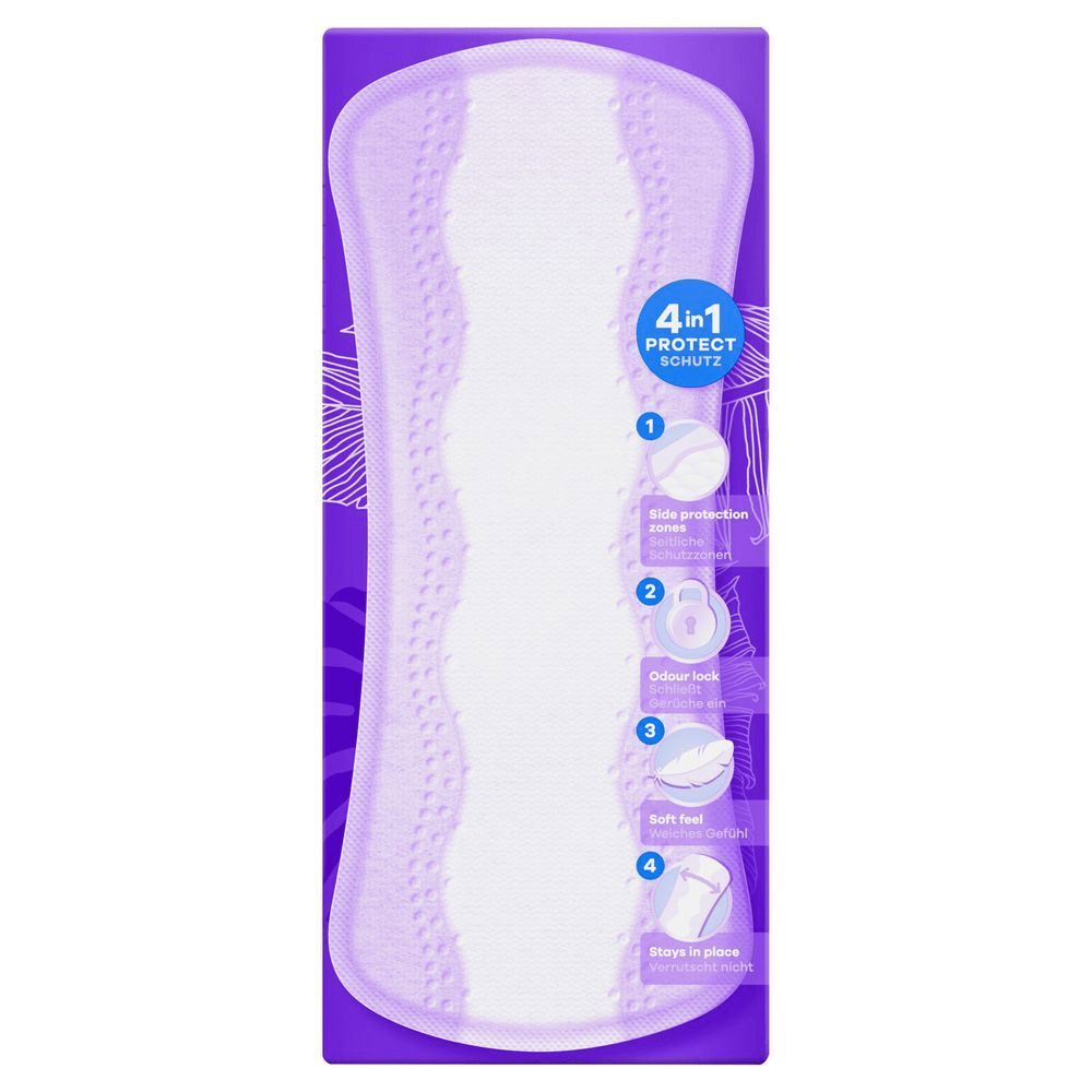 Always Slipeinlage Verpackung mit dem Hinweis auf 4-in-1 Schutz: Seitliche Schutzzonen, schließt Gerüche ein, weiches Gefühl und Verrutscht nicht.;