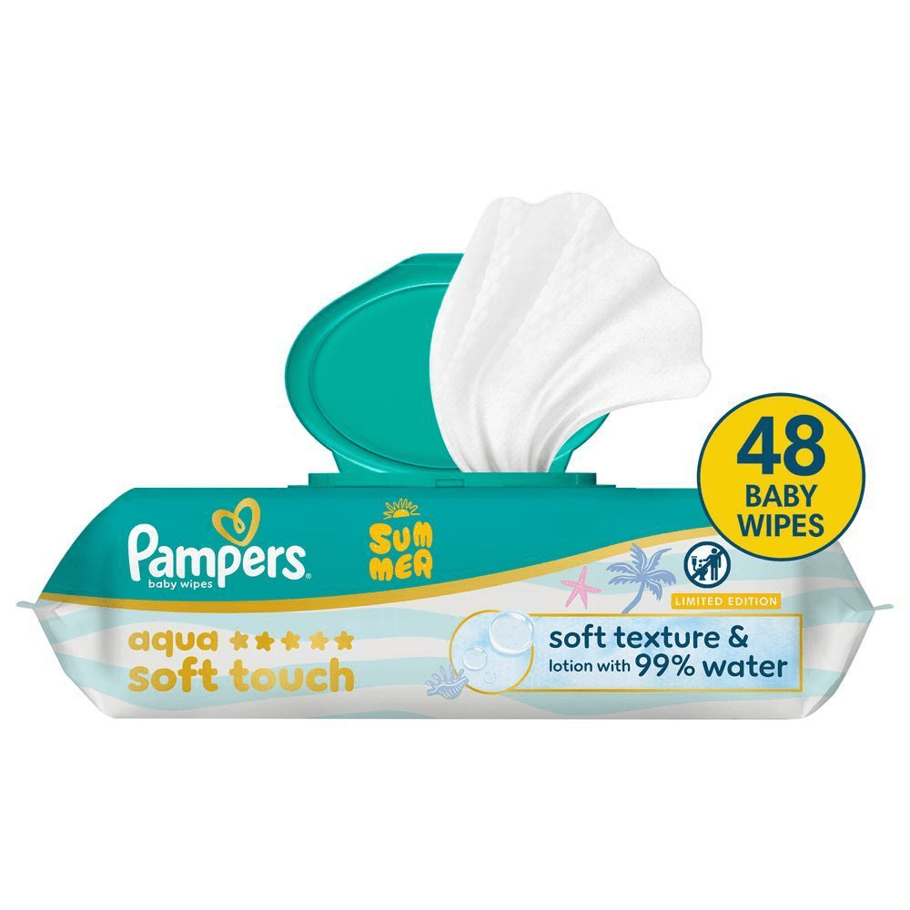 Pampers Aqua Soft Touch FeuchttÃ¼cher, 48 FeuchttÃ¼cher, mit weicher Textur & 99% Wasser.