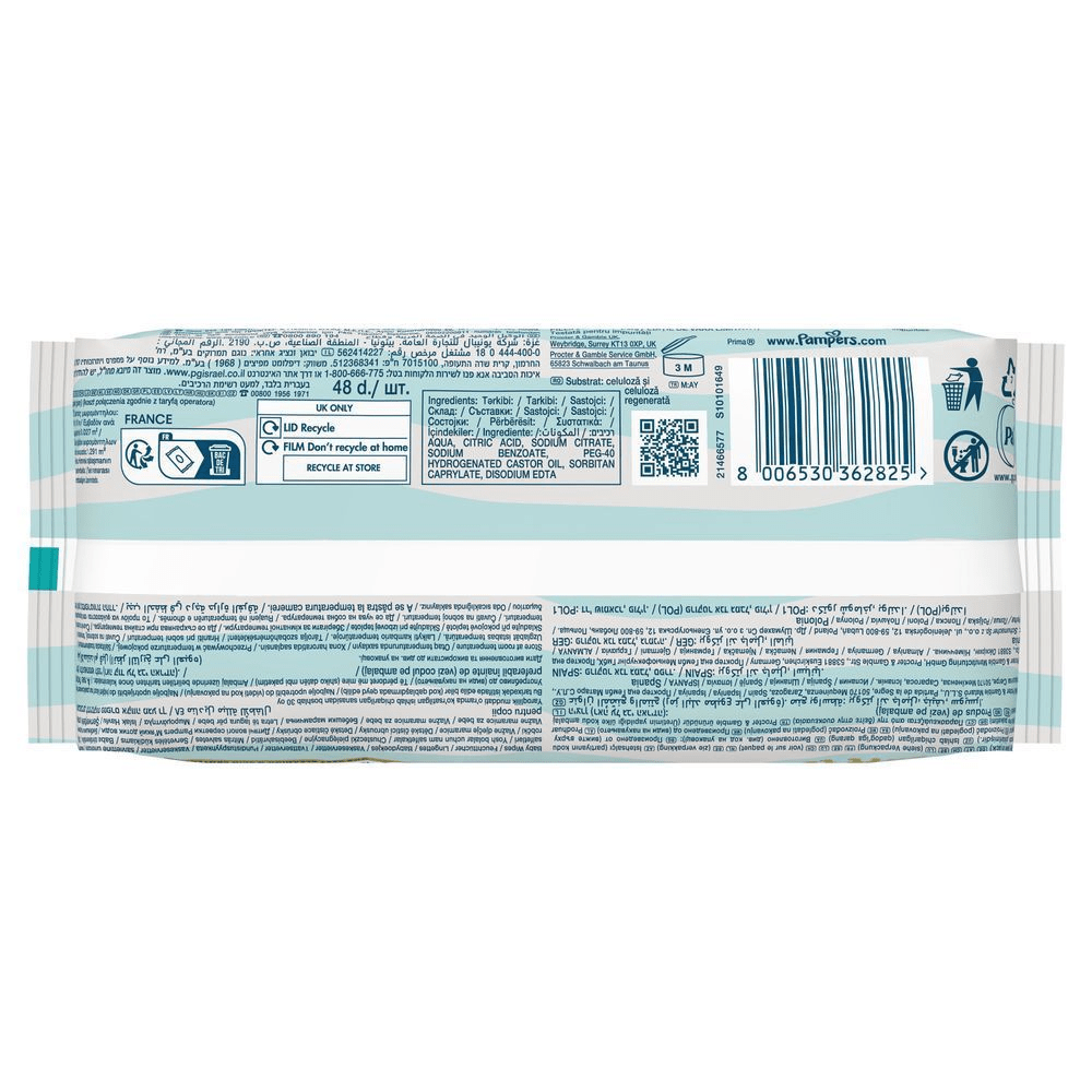 Pampers FeuchttÃ¼cher VerpackungsrÃ¼ckseite mit Recyclinghinweisen.