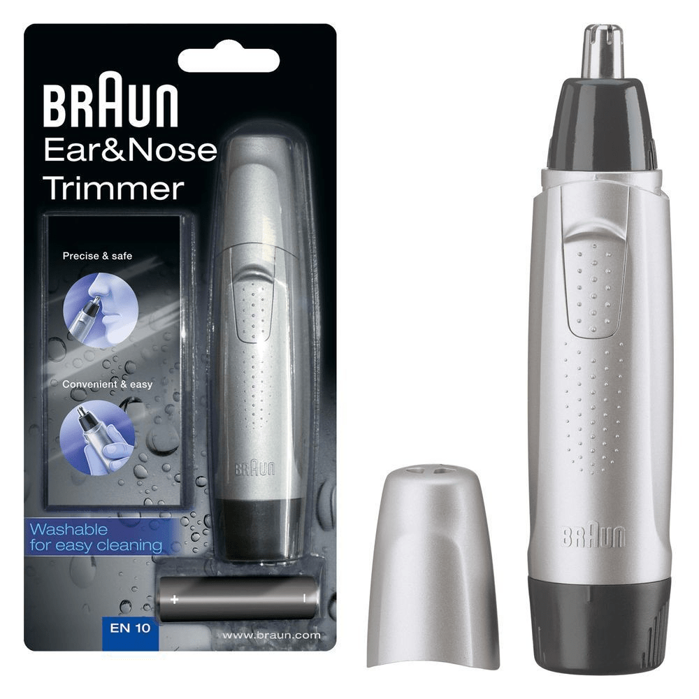 Braun Ohr- und Nasenhaartrimmer in Verpackung, hervorgehoben wird die einfache Reinigung durch Abwaschen.