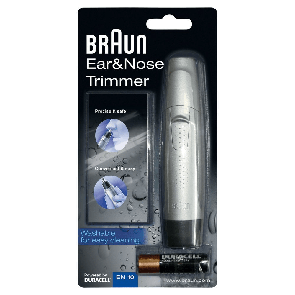 Braun Ohr- und Nasenhaartrimmer, Verpackung mit dem Hinweis "Waschbar für einfache Reinigung" und einer Duracell-Batterie.