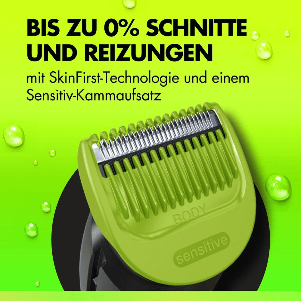 Das Rendering des Gillette Labs Body Trimmers i3 wird von oben nach unten mit dem neongrünen Sensitiv-Kammaufsatz auf neongrünem Hintergrund mit Wassertropfen gezeigt.