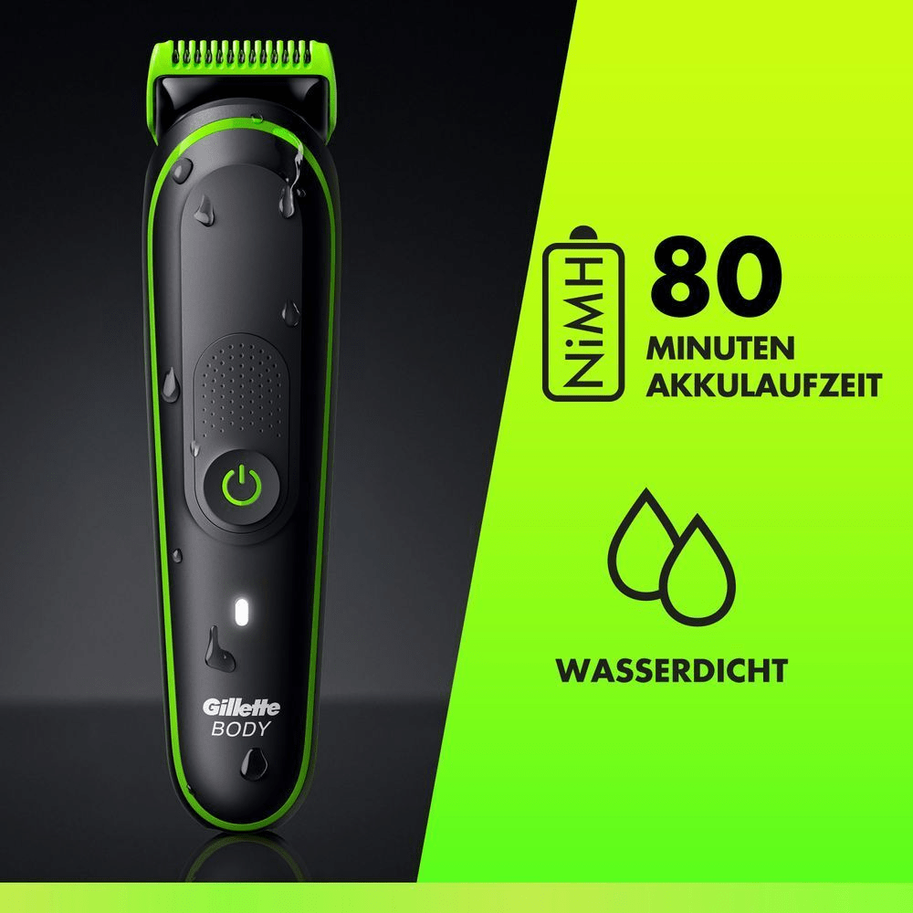 Auf der linken Seite des Bildes steht der Gillette Labs Body Trimmer i3 vor einem schwarzen Hintergrund mit Wassertropfen auf dem Trimmer. Auf der rechten Seite werden die Merkmale vor einem neongrünen Hintergrund dargestellt.