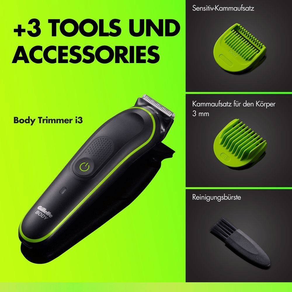 Top-down-Produktfotografie zeigt, was im Lieferumfang des Gillette Labs Body Trimmers i3 enthalten ist. Es sind der Trimmer, 2 Trimmeraufsätze und eine Reinigungsbürste zu sehen.