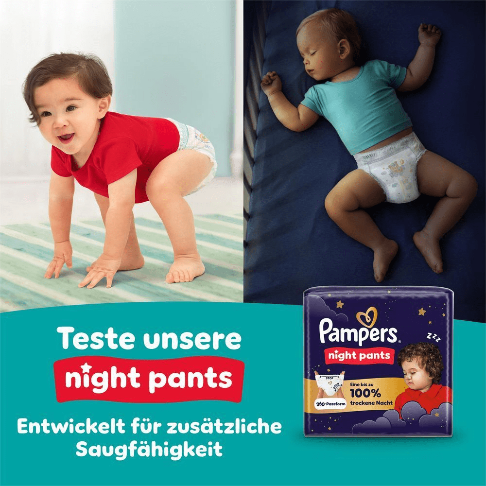 Pampers Night Pants Verpackung, die für bis zu 100 % trockene Nächte und 360° Fit wirbt.