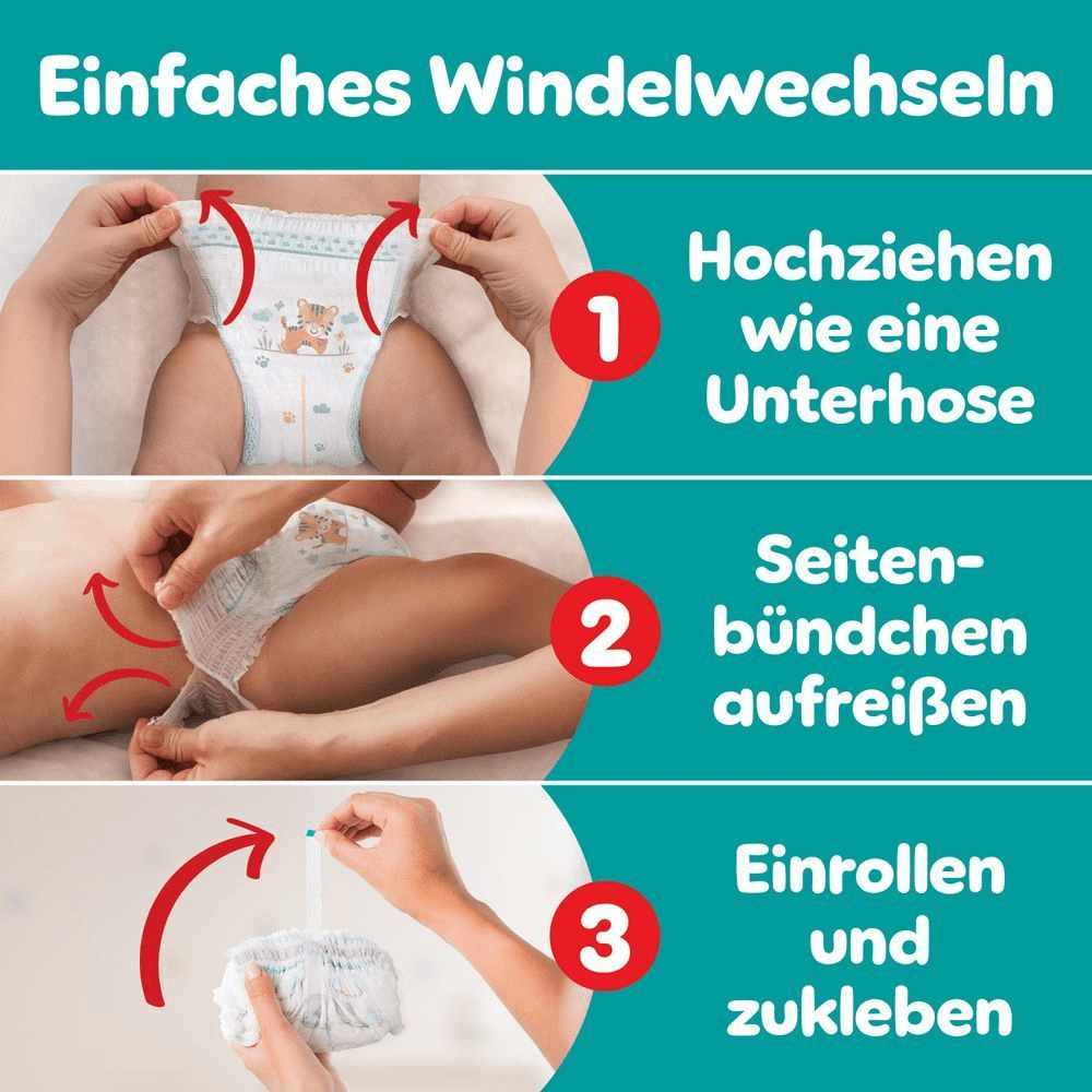 Pampers Windel-Anleitung in drei Schritten: Hochziehen wie eine Unterhose, Seitenbündchen aufreißen, einrollen und zukleben für einfaches Windelwechseln.