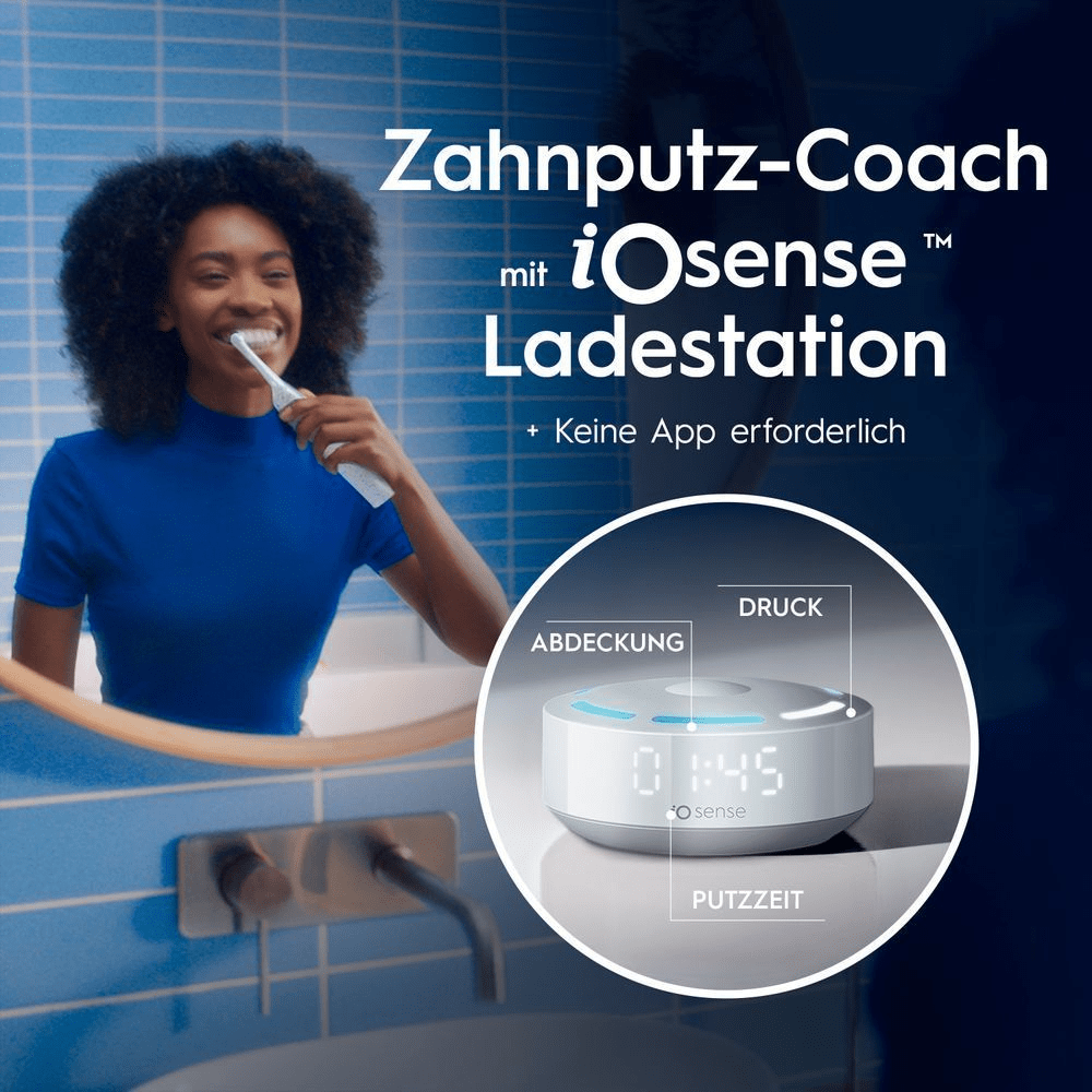 Oral-B iOsense Ladestation mit Zahnputz-Coach, die Abdeckung, Druck und Putzzeit ohne App anzeigt.