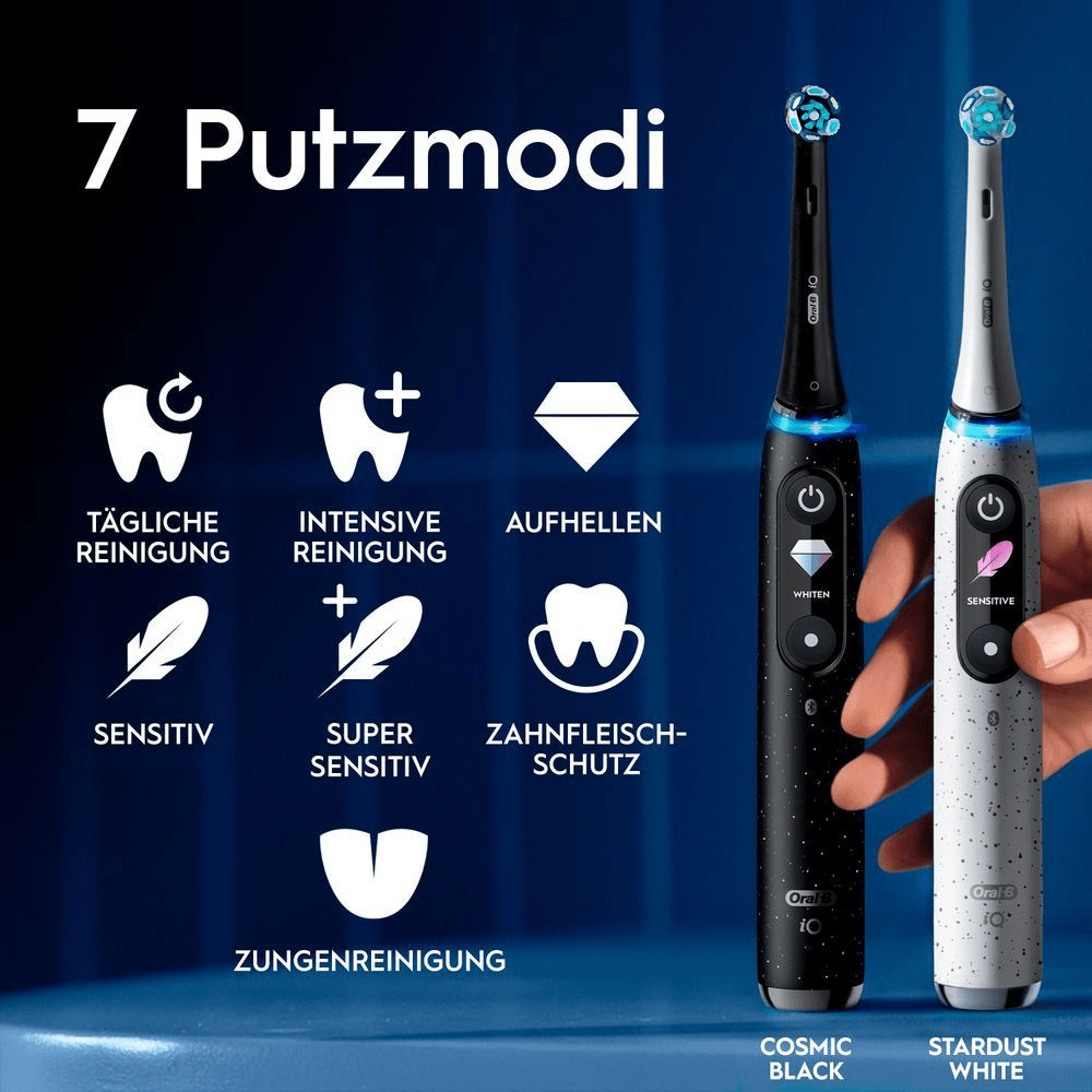 Oral-B iO ZahnbÃ¼rsten in Cosmic Black und Stardust White, hervorgehoben werden die 7 Putzmodi fÃ¼r verschiedene BedÃ¼rfnisse.