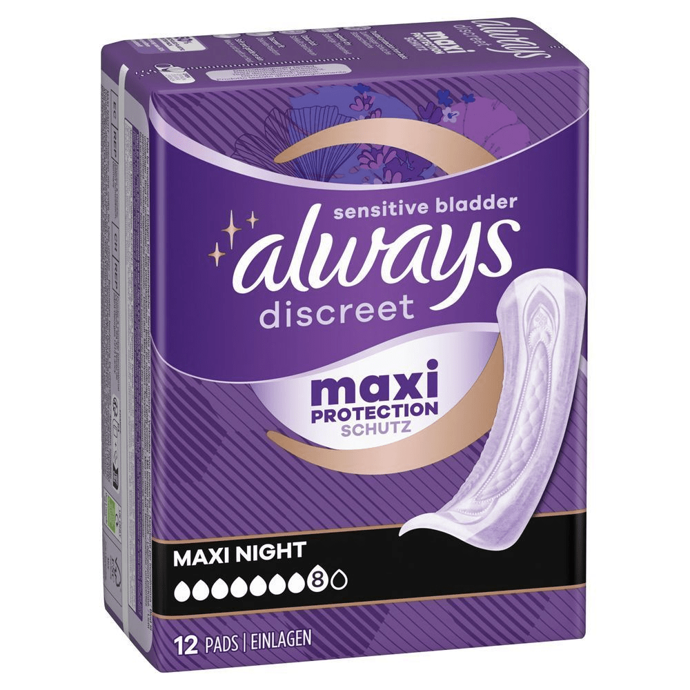 Always Discreet Maxi Night Einlagen Verpackung, die Maxi Protection Schutz bei Blasenschwäche verspricht.