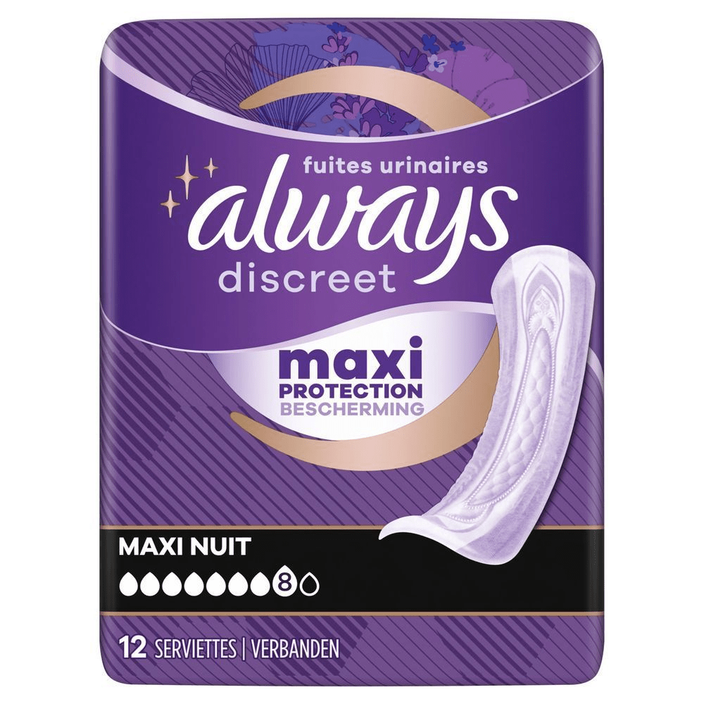 Always Discreet Maxi Nacht Inkontinenzeinlagen, Packung mit Maxi Schutz und 8 Tropfen Saugfähigkeit.