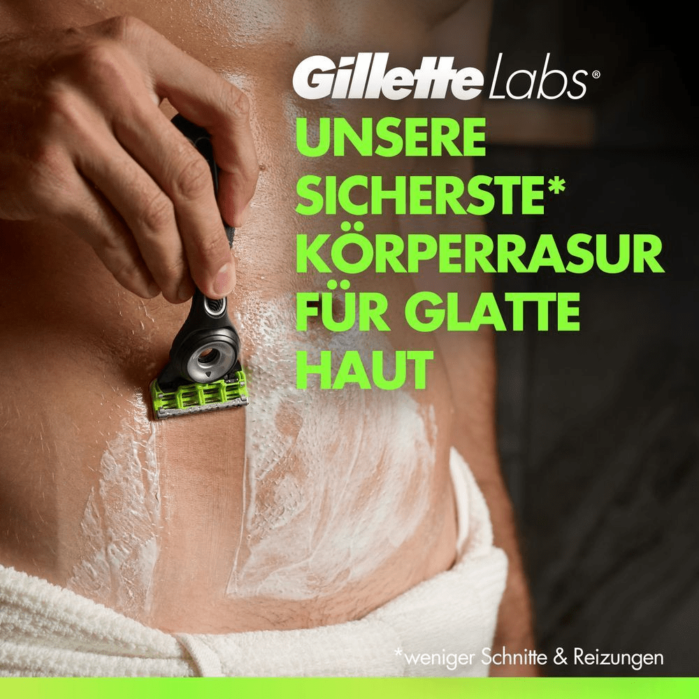 Ein Mann mit Handtuch um die Taille rasiert sich den unteren Bauch und Intimbereich mit dem Gillette Labs Body Rasierer und Rasiercreme.