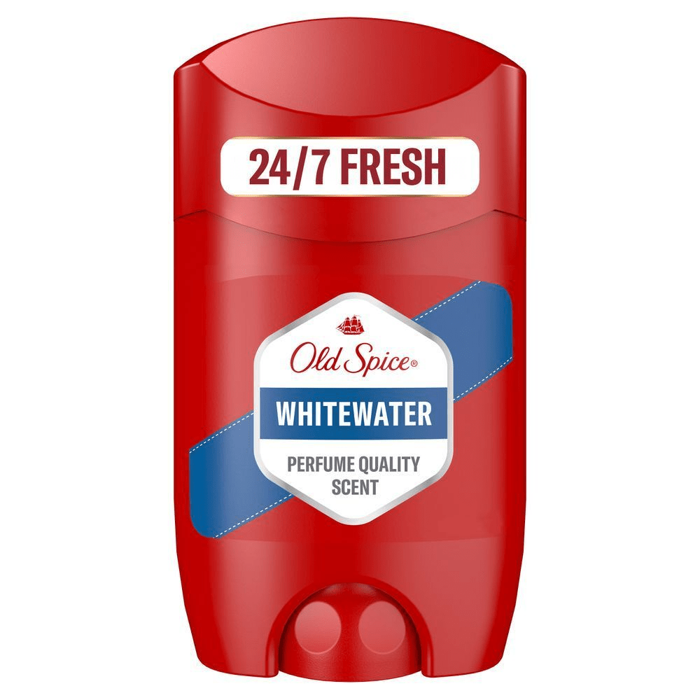 Old Spice Whitewater Deodorant Stick, rote Verpackung mit dem Versprechen 24-7 Frische. [ES] Desodorante Old Spice Whitewater en barra, con etiqueta que destaca su frescura 24-7 y su aroma con calidad de perfume. [PT] Old Spice Desodorizante Stick Whitewater, embalagem vermelha com destaque para a promessa de frescor 24-7 (24 horas por dia, 7 dias por semana).