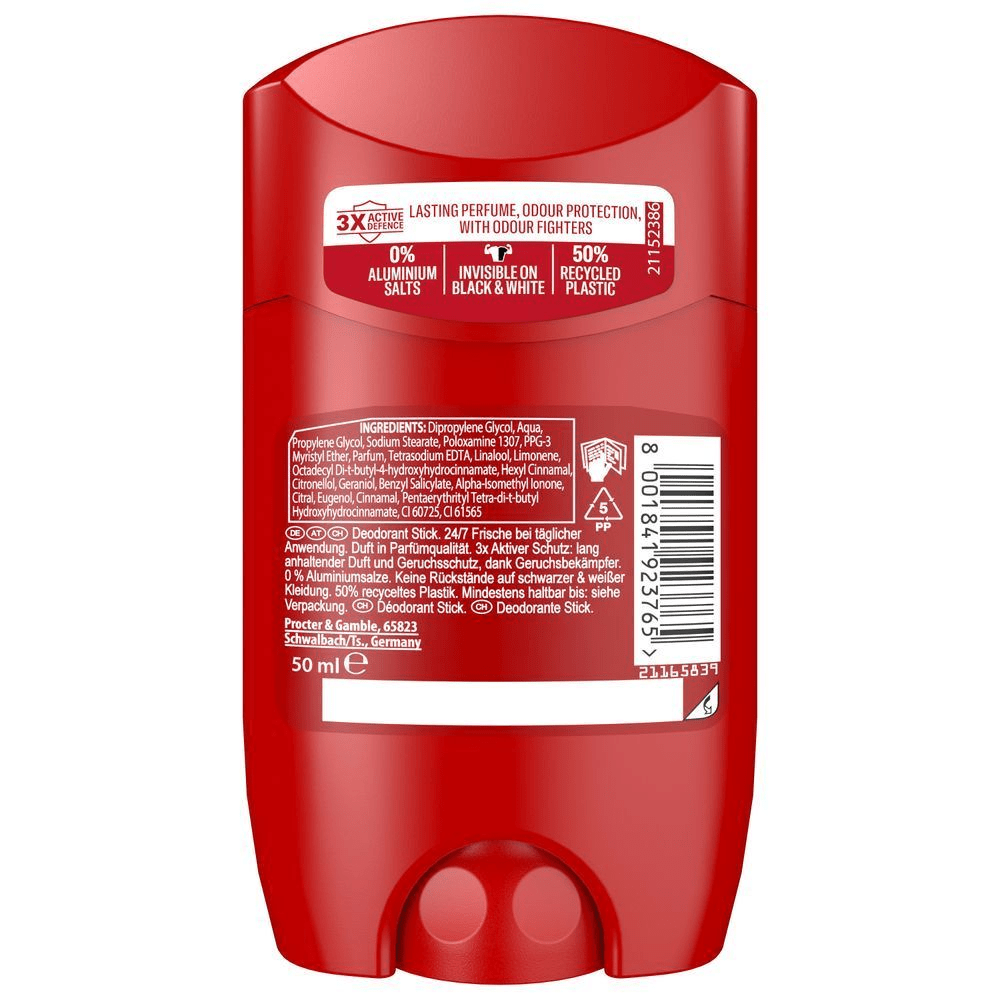 Old Spice Deodorant Stick, hervorgehoben mit "3x Active Defence" für langanhaltenden Duft und Geruchsschutz.